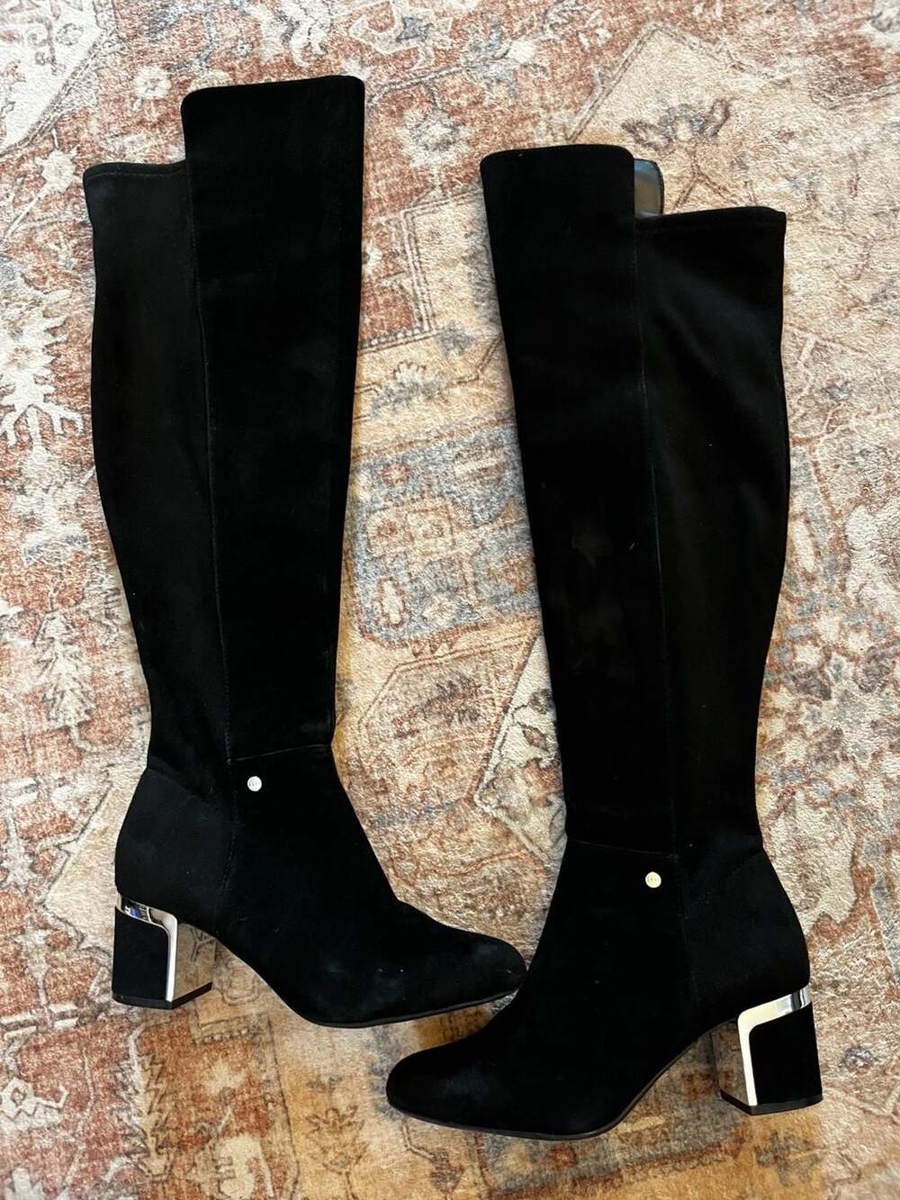 DKNY Cora Black Suede Knee-High Boots with Metallic Logo Heel